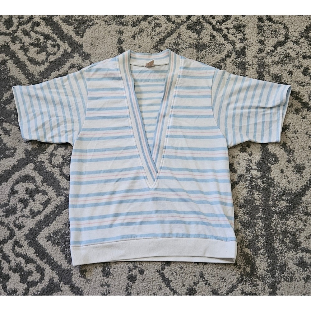 Vintage Jantzen Womens Striped Deep V-Neck Knit Top Blue Pink White USA Made M